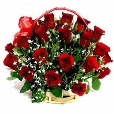 Handle Basket Arrangement of 25 Red Roses Fresh Flowers